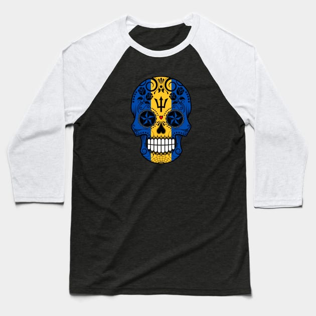 Barbados Flag Sugar Skull with Roses Baseball T-Shirt by jeffbartels